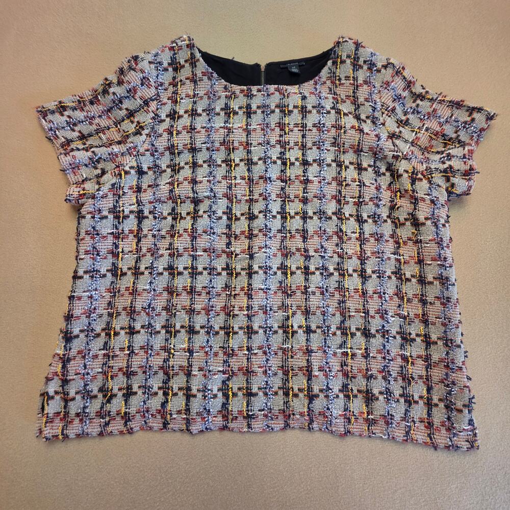 Halogen Multicolor Plaid Tweed Short-Sleeve Top Sz XL Cream/Beige Base
